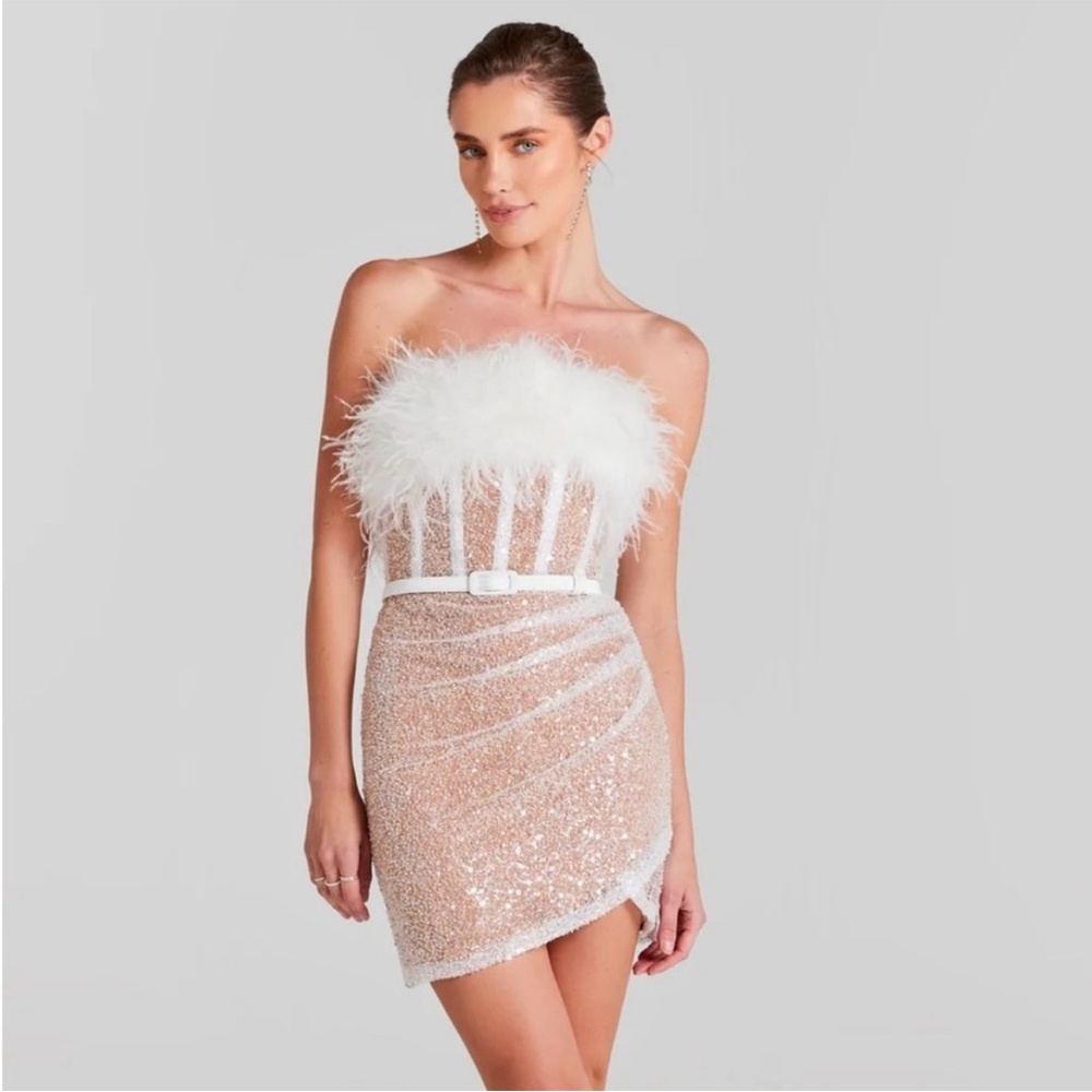 NADINE MERABI Lucie Sequin Feather Corset Bridal Dress